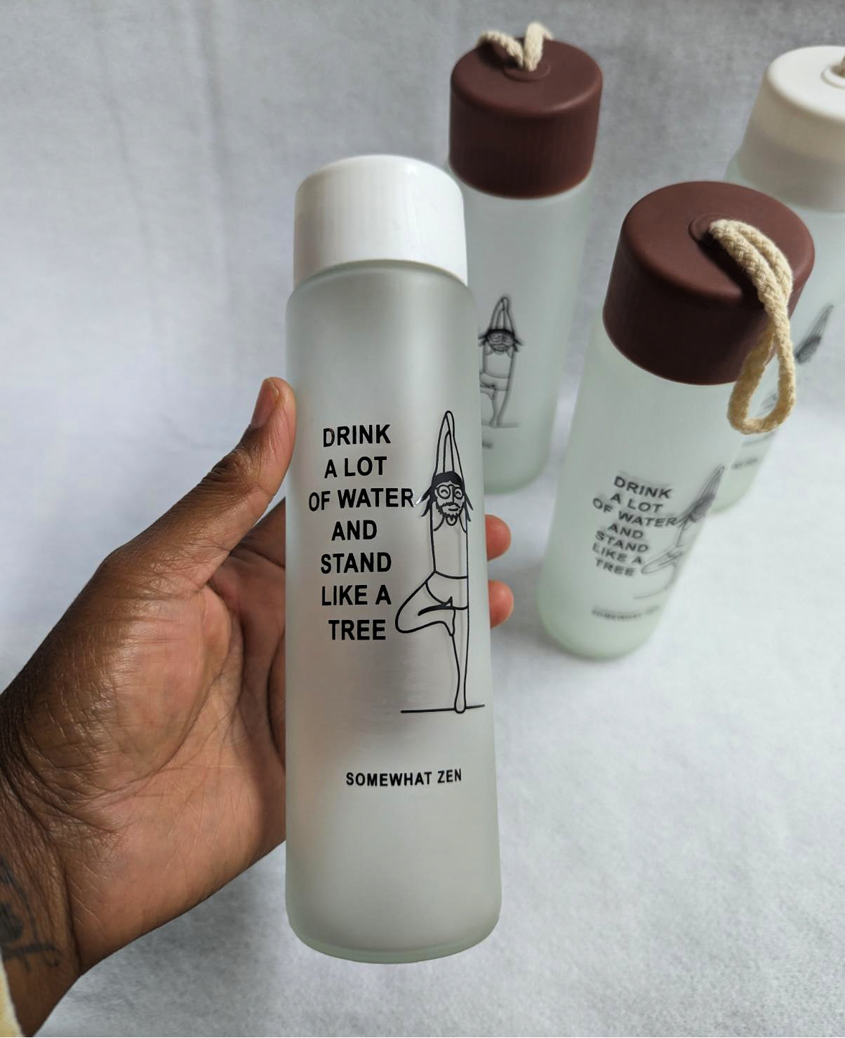 Tree Pose Glass Water Bottle "Henry the Yogi"