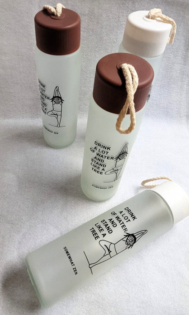Tree Pose Glass Water Bottle "Henry the Yogi"
