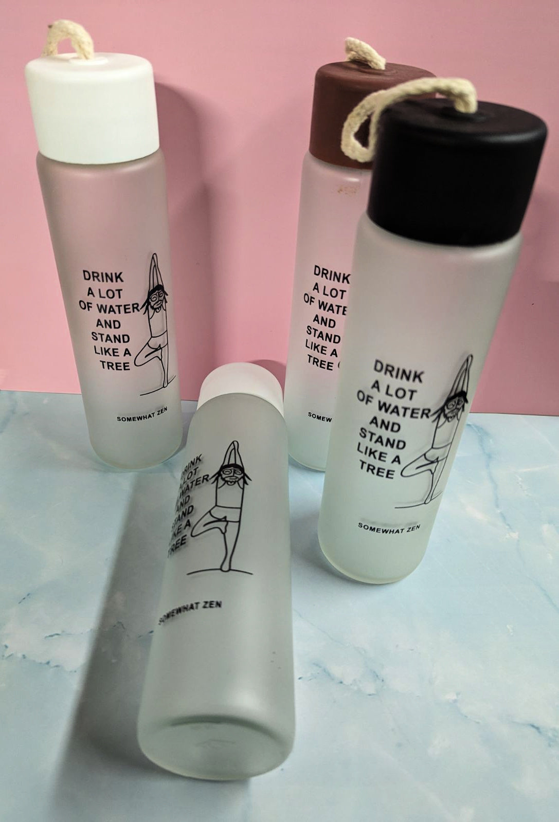 Tree Pose Glass Water Bottle "Henry the Yogi"