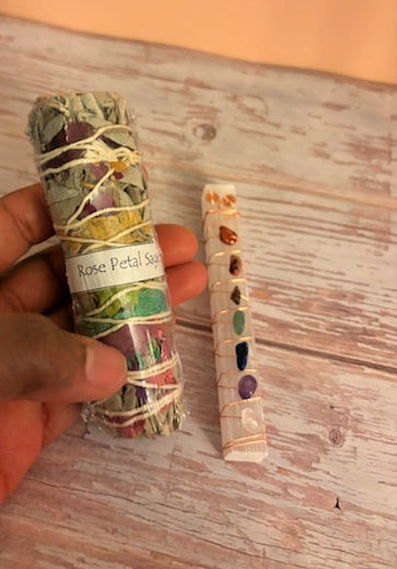 Rose Petal Sage and 7 Chakra Selenite Wand Bundle