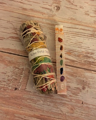 Rose Petal Sage and 7 Chakra Selenite Wand Bundle