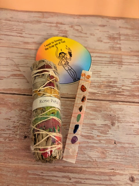 Rose Petal Sage and 7 Chakra Selenite Wand Bundle