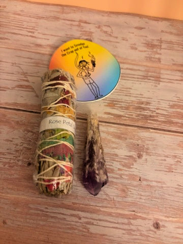 Rose Petal White Sage Stick with Amethyst Point Crystal