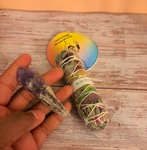 Rose Petal White Sage Stick with Amethyst Point Crystal