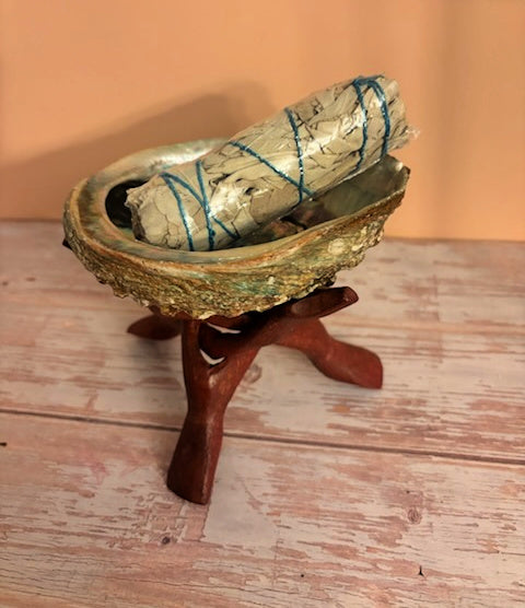Abalone Shell White Sage and Wooden Tripod Stand